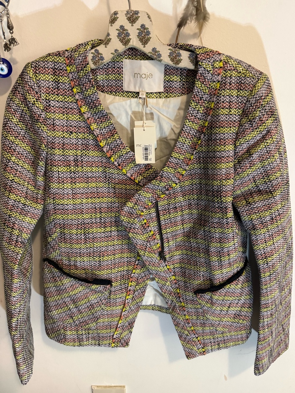 Maje Paris NWT Tweed Moto Jacket Size 40 US 8 Multicolor Boucle Striped Cropped